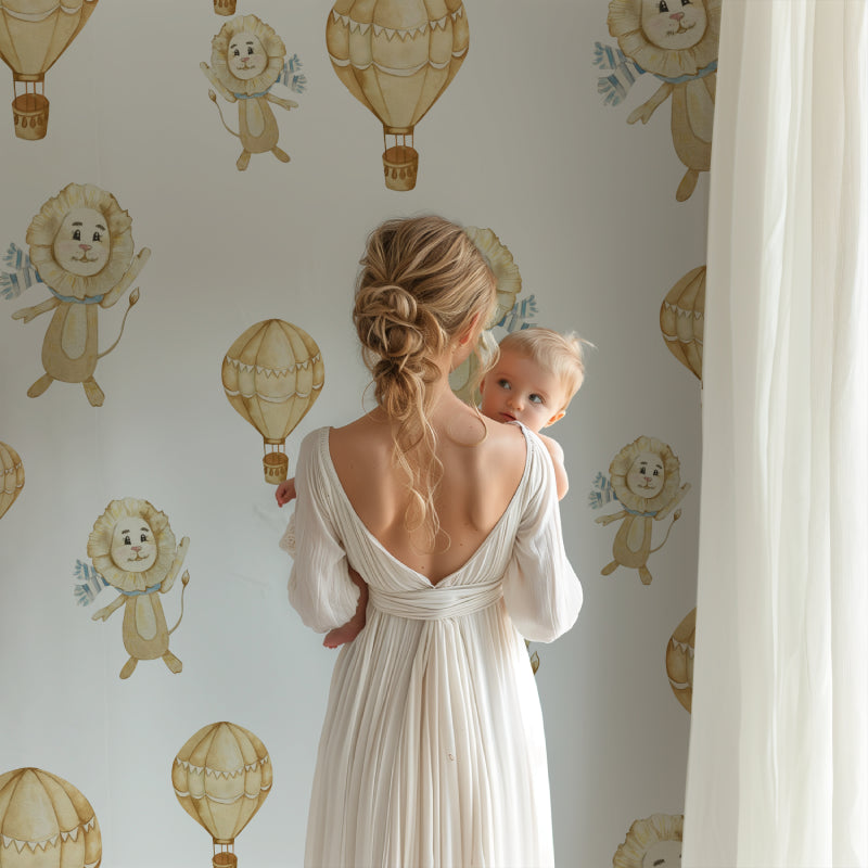 Nursery featuring lion wallpaper with floating hot air balloons in soft beige tones