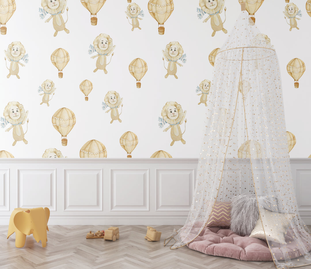 Playroom wall with lion and balloon pattern showing scale and color details