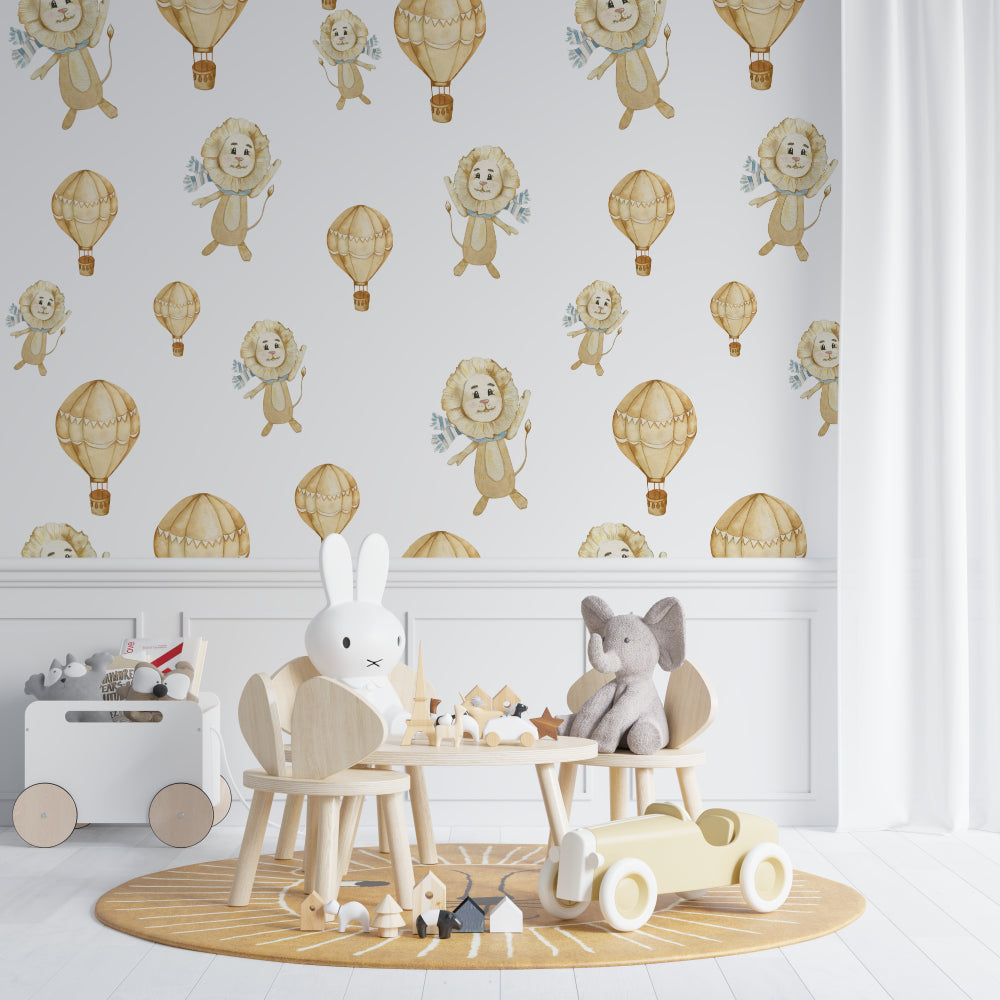 Baby room with gentle lion and balloon wallpaper creating soft ambiance
