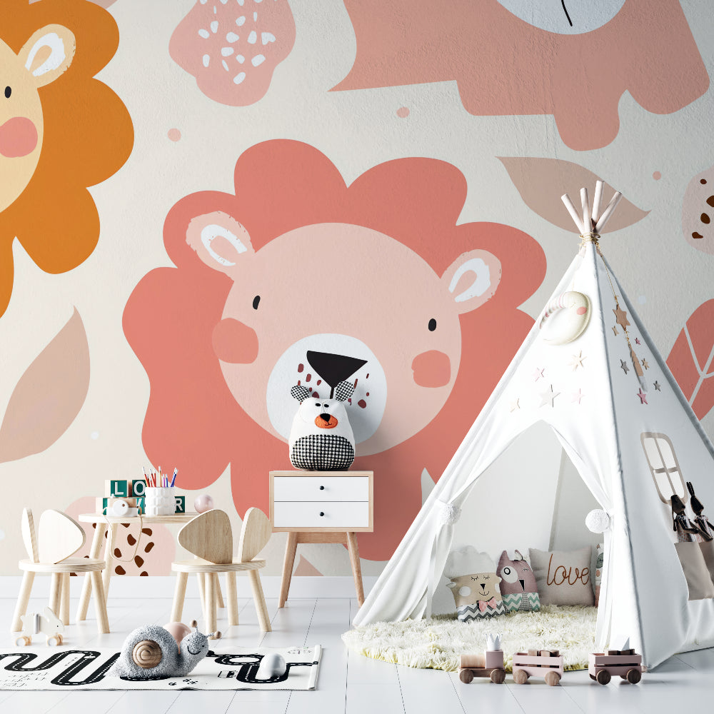 Pink lion wallpaper in bright nursery with white furniture and soft textiles