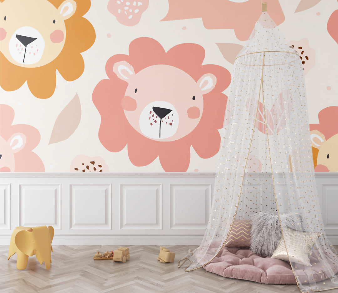 Kids bedroom featuring sweet lion wallpaper with pink accents and natural light