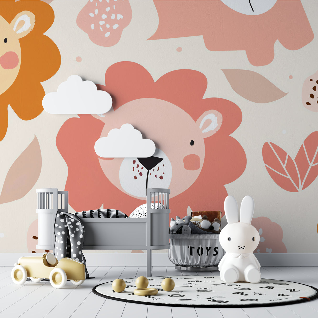 Playroom with pink lion wallpaper showing scale and playful atmosphere