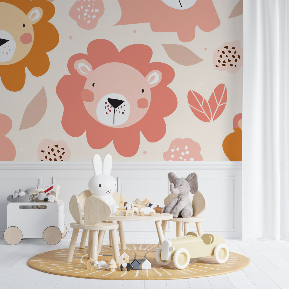 Baby nursery with soft pink lion wallpaper and matching decor elements