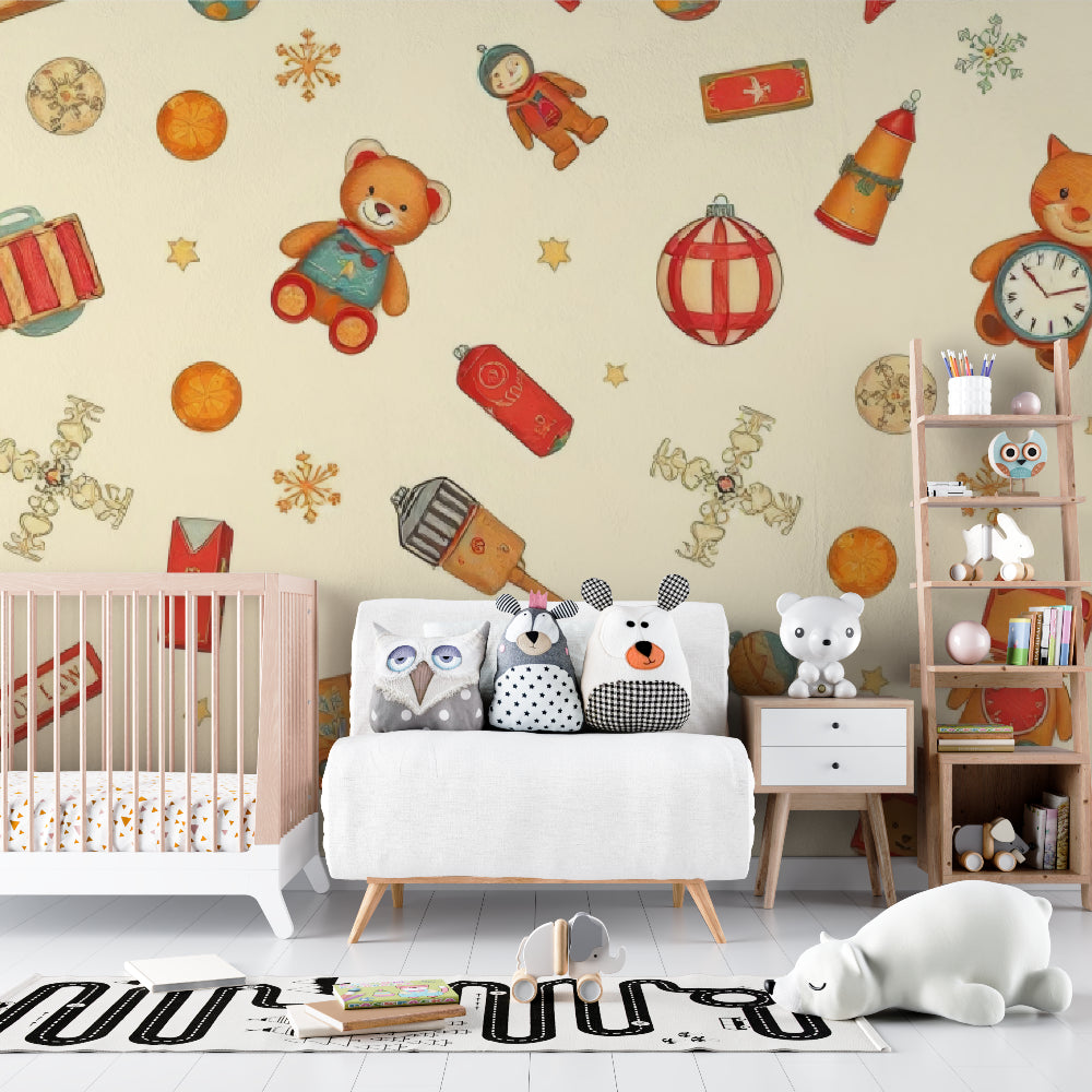 Kids bedroom wallpaper with teddy bears and toys creating a cozy atmosphere in a modern nursery
