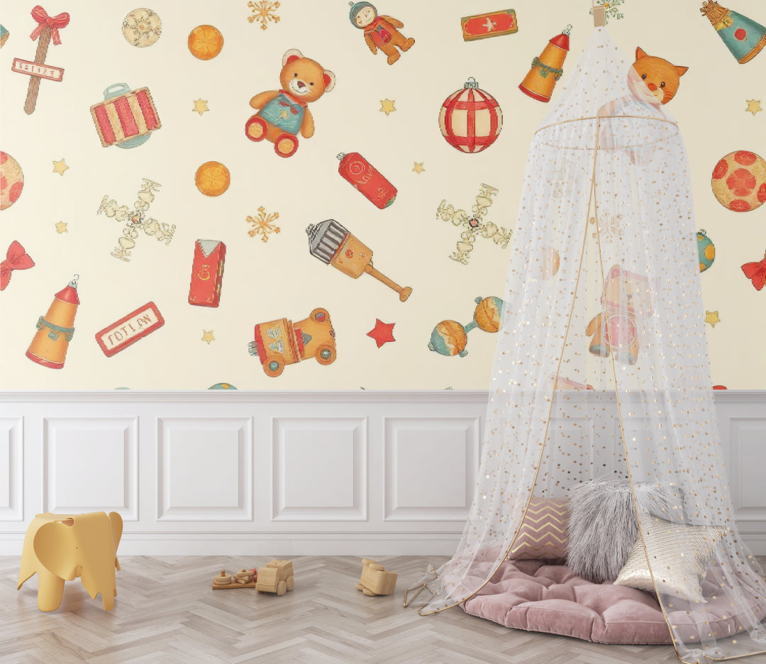 Playroom wall mural featuring toy pattern brightening up a children's reading nook