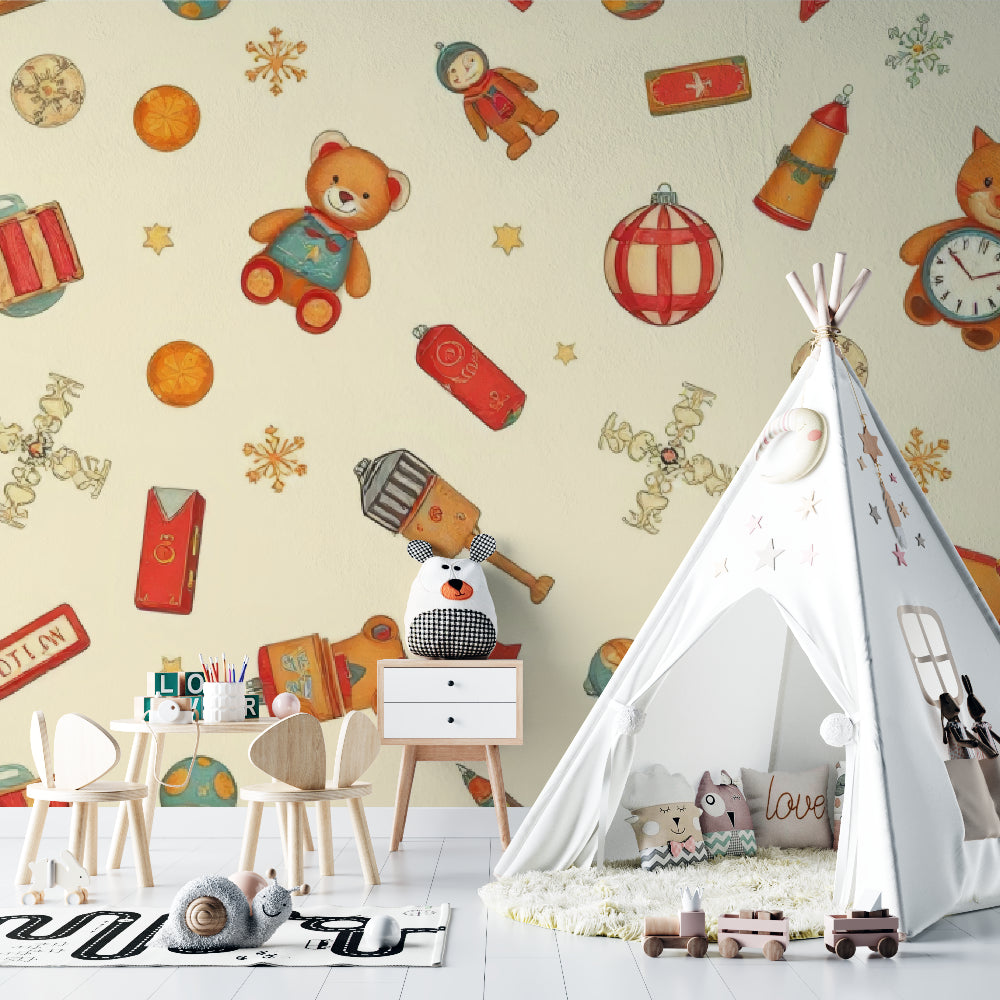 Kids room wallpaper showcasing playful toys pattern in a modern playroom setting