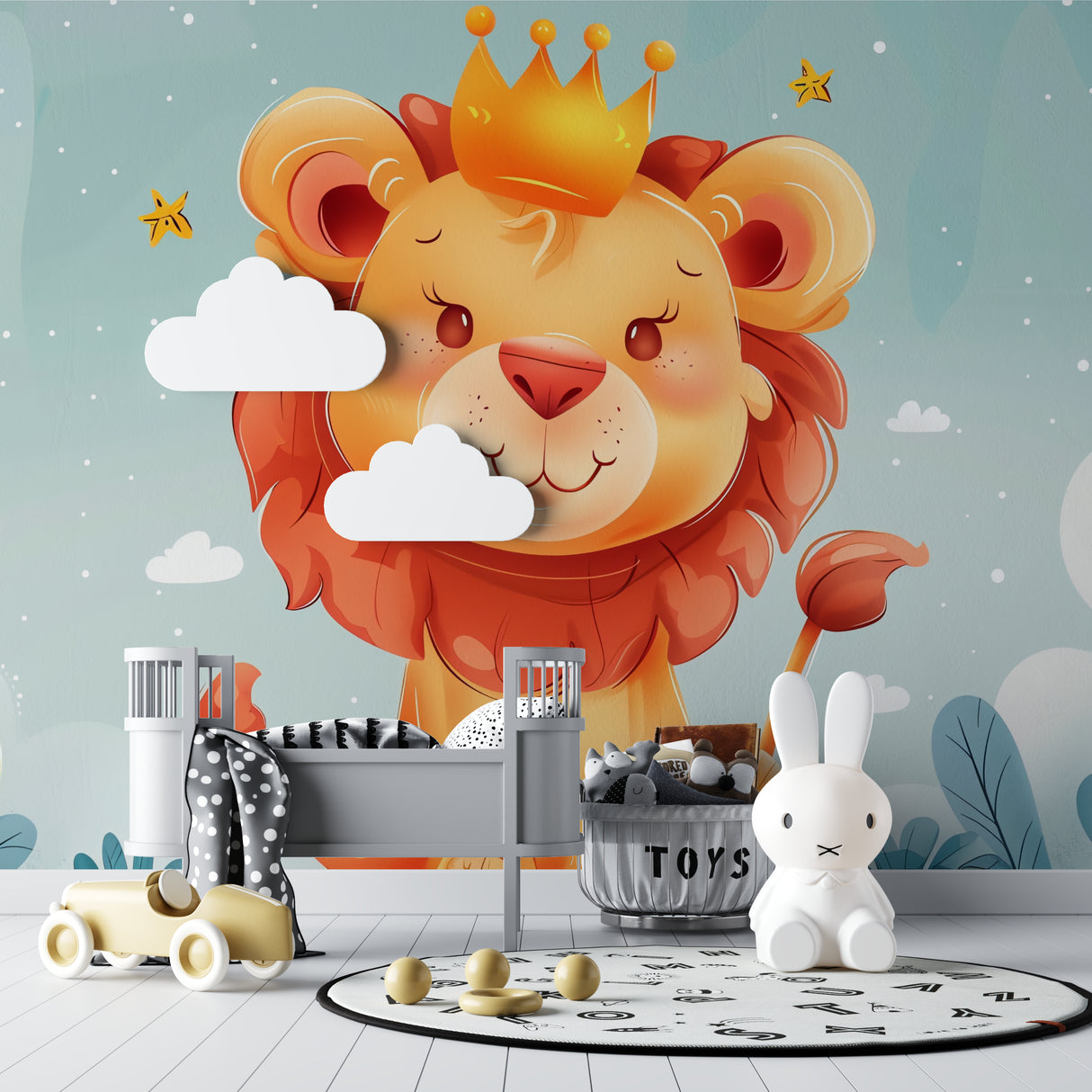 Crowned Lion wallpaper in playroom setting with reading nook