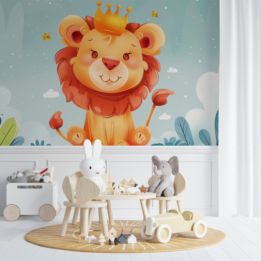 Kids Lion mural in modern nursery with rocking chair