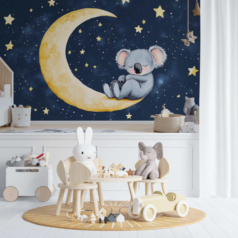 Koala nursery wallpaper creating a peaceful atmosphere in a modern nursery with neutral furniture