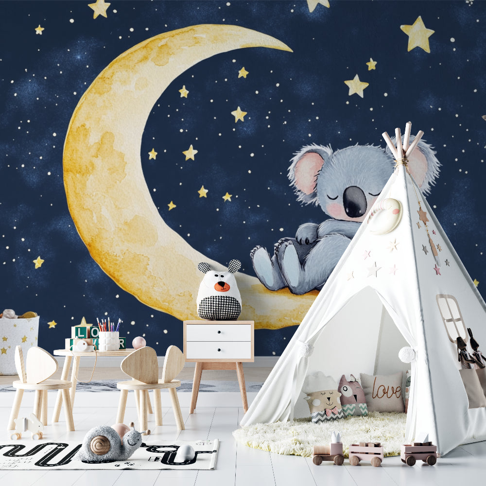 Moon and stars wallpaper with sleeping koala in a cozy reading nook setup