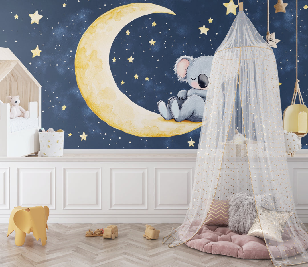 Sleeping koala wall mural in a minimalist children's room