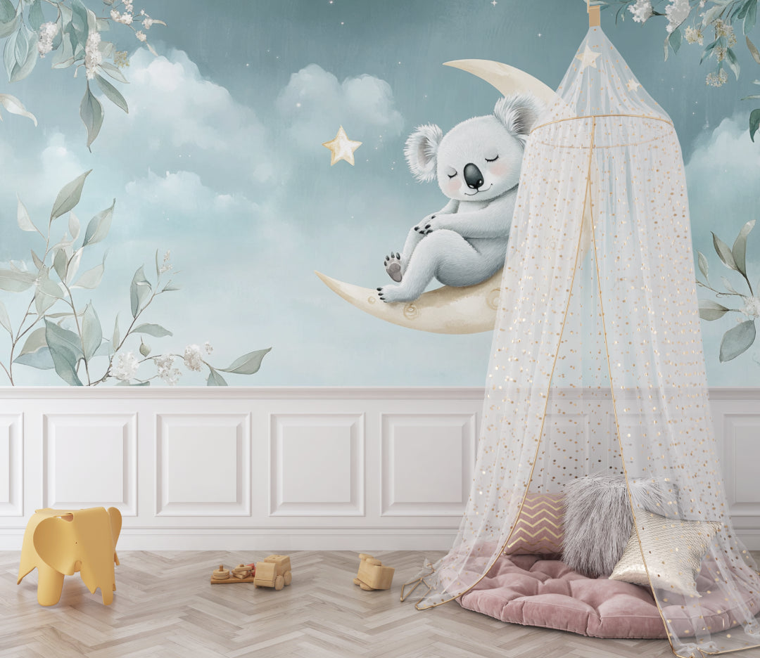 Dreamy koala wall mural featured in a toddler's bedroom with reading nook