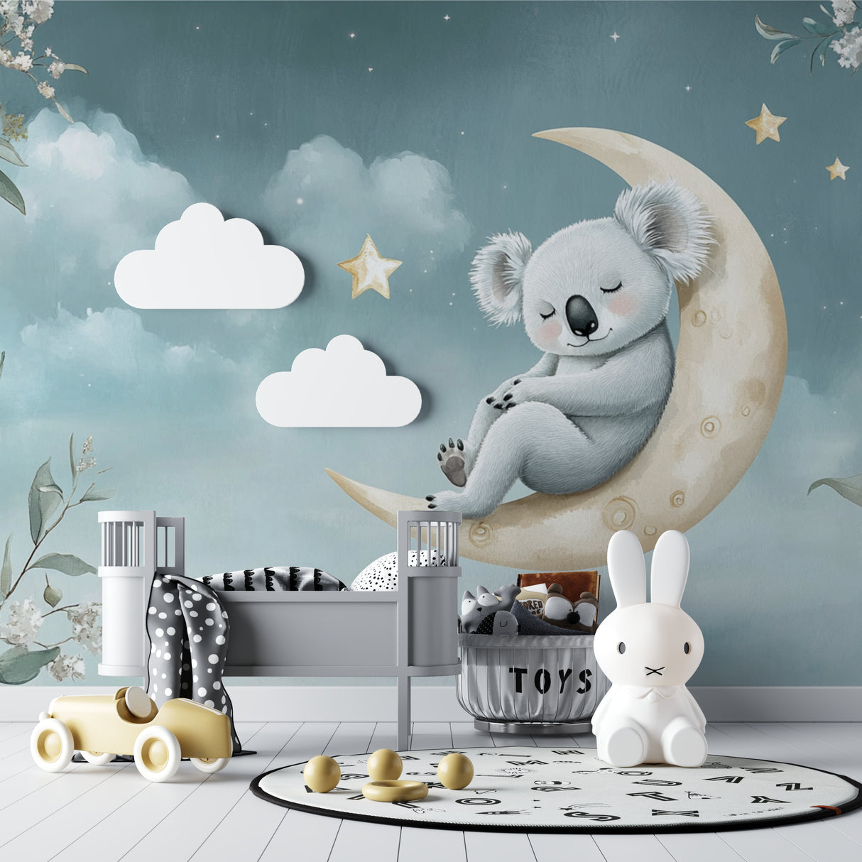Moon and stars wallpaper with sleeping koala in a minimalist kids bedroom