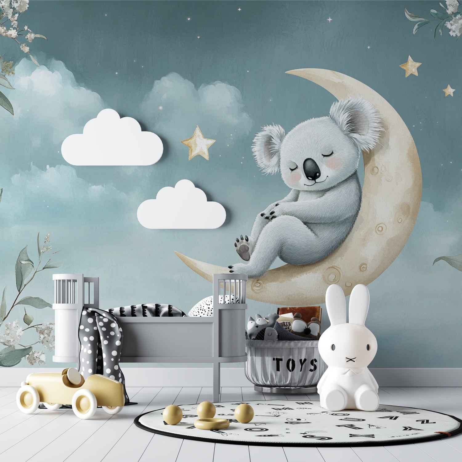 Moon and stars wallpaper with sleeping koala in a minimalist kids bedroom