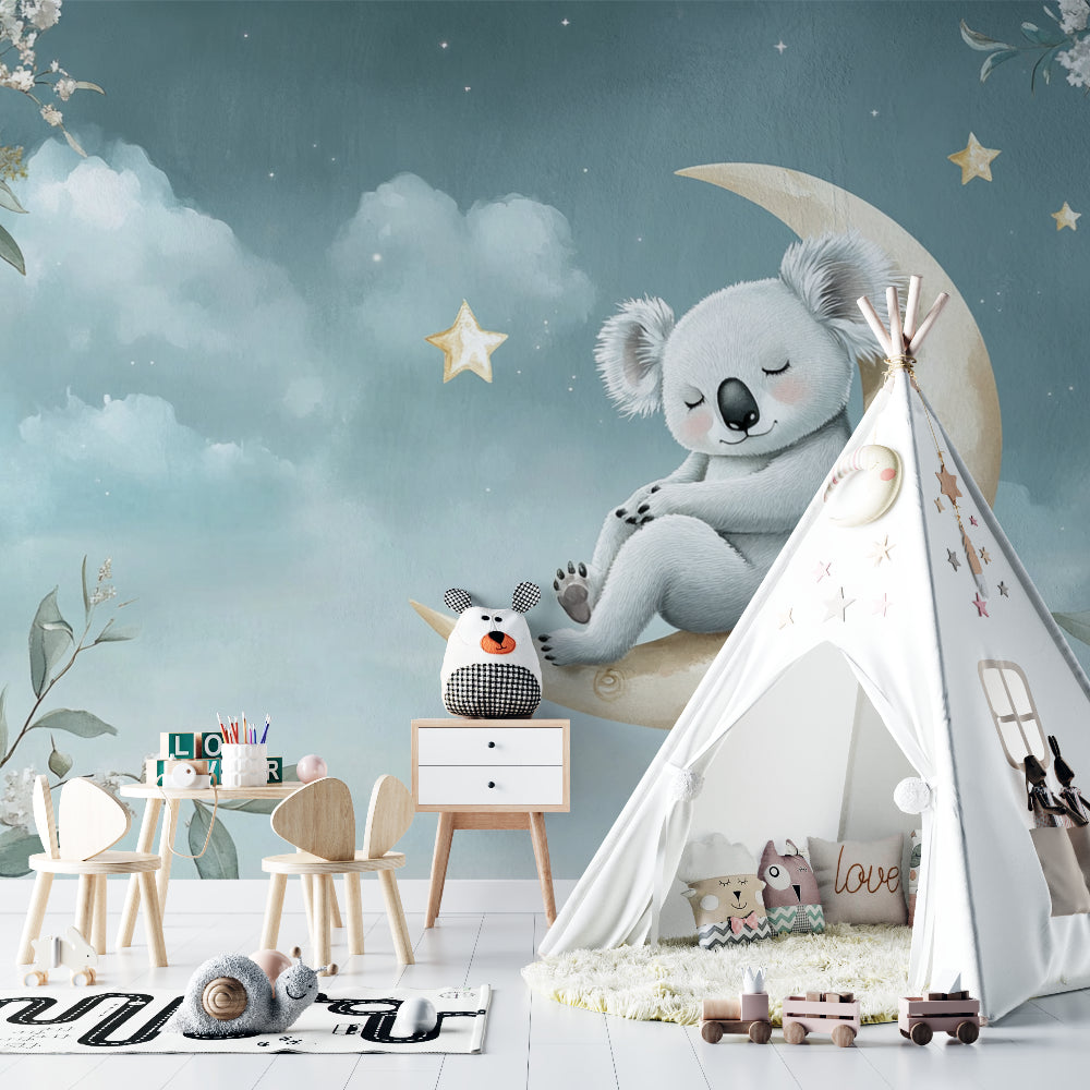 Koala nursery wall mural styled in a Scandinavian baby room with natural decor