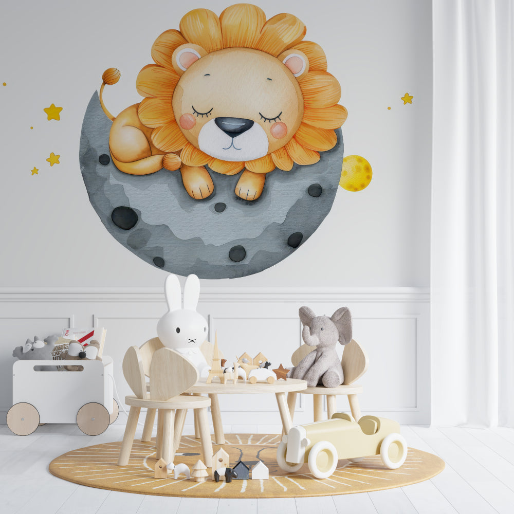 Sleeping lion moon wallpaper in modern white nursery with wooden crib and soft lighting