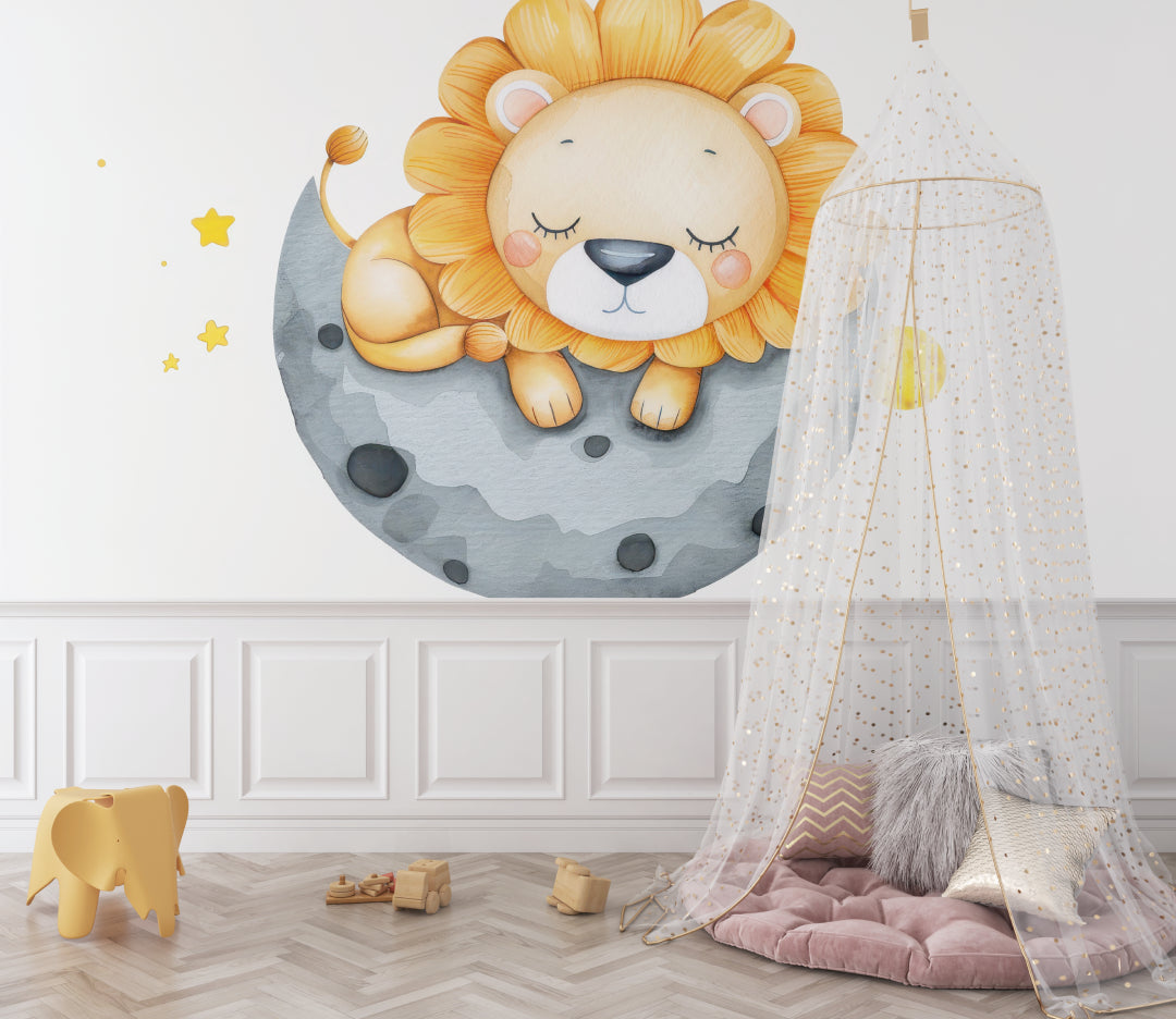 Baby lion wall mural creating cozy atmosphere in toddler's bedroom with reading nook