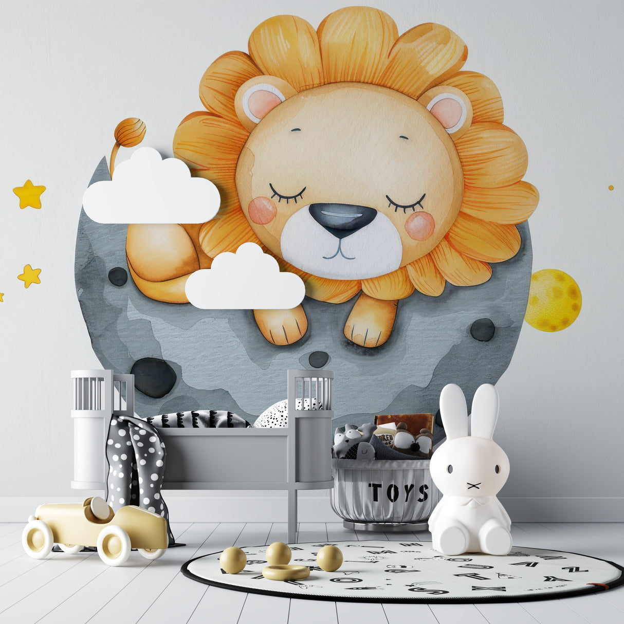 Lion moon wallpaper in neutral playroom showing scale and golden star details