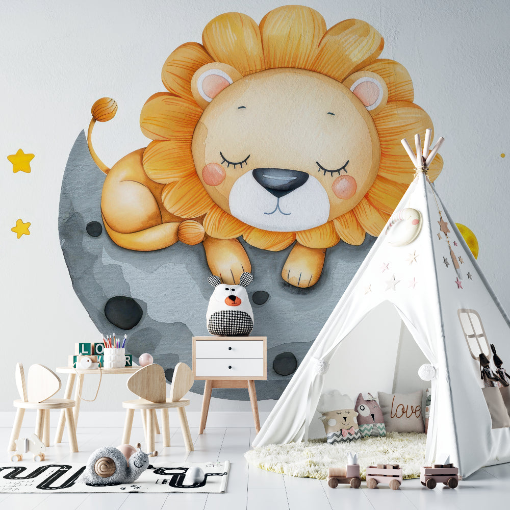 Kids lion mural installation in baby room with grey and white color scheme