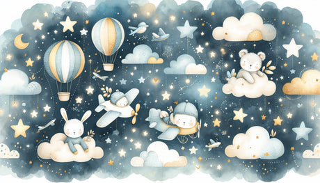 Kids wallpaper design file showing sweet animals in hot air balloons under a starry night sky