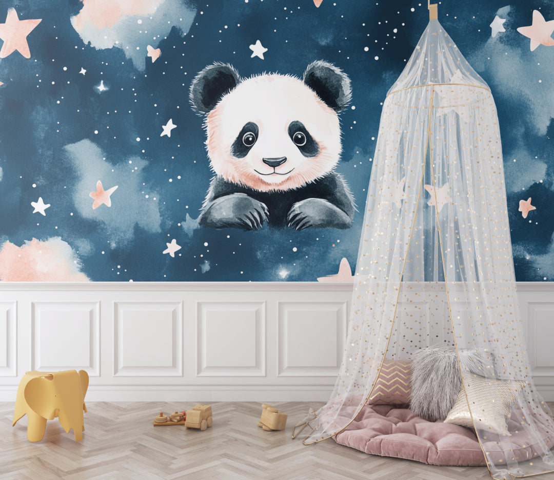 Panda wallpaper in cozy nursery with soft lighting showing starry night effect