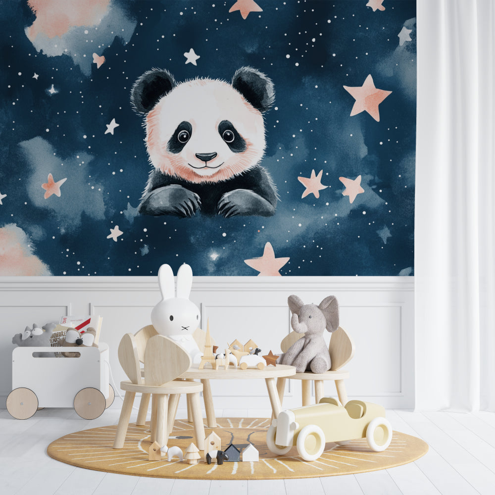 Kids bedroom featuring panda wall mural with reading nook and night sky