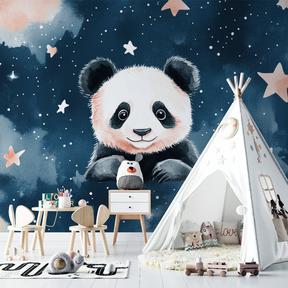 Playroom with starry panda wallpaper creating magical atmosphere