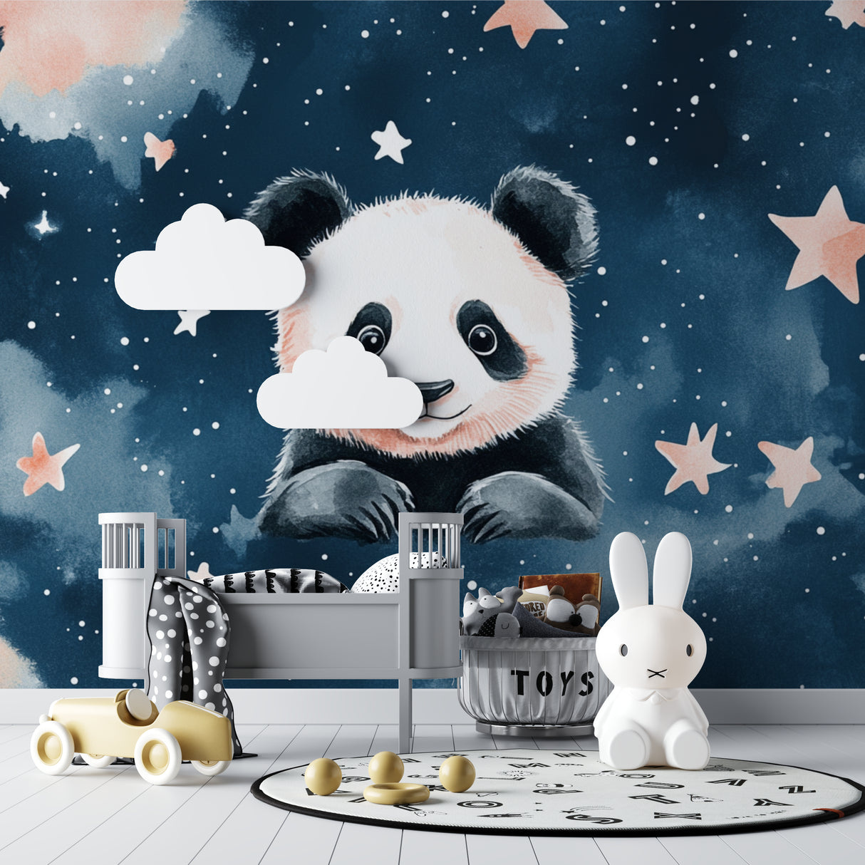 Toddler bedroom showing full wall of panda night sky mural