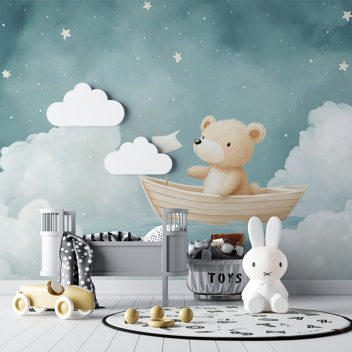 Teddy bear mural in toddler bedroom with reading nook and soft lighting