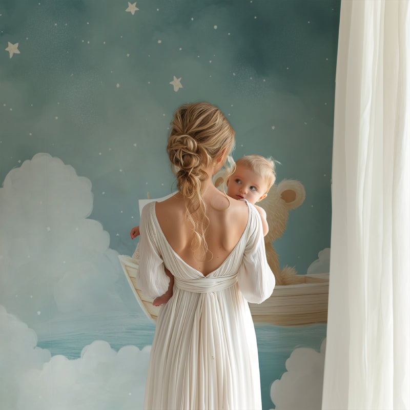 Nursery wall mural featuring sailing teddy bear in modern playroom setting