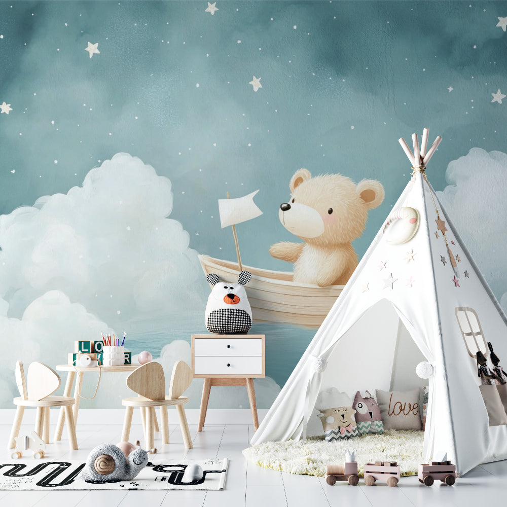 Kids room with teddy bear wallpaper showcasing peaceful bedtime atmosphere