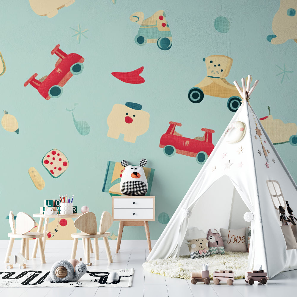 Vintage toy wallpaper creating a cozy atmosphere in a modern nursery with natural light