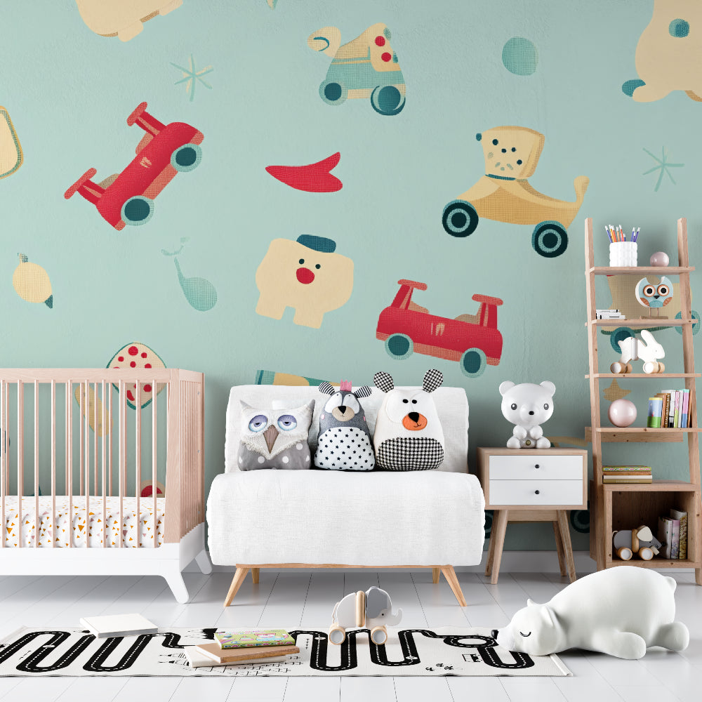 Kids bedroom featuring vintage toy pattern wallpaper with soft pastel colors