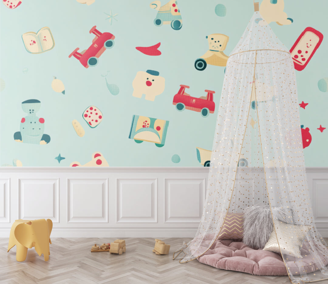 Playroom with retro toy wallpaper showing teddy bears and toy cars