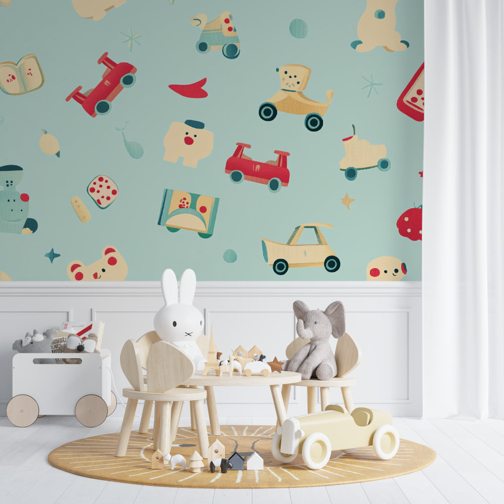 Vintage toy wallpaper in a reading nook with comfy chair and bookshelf