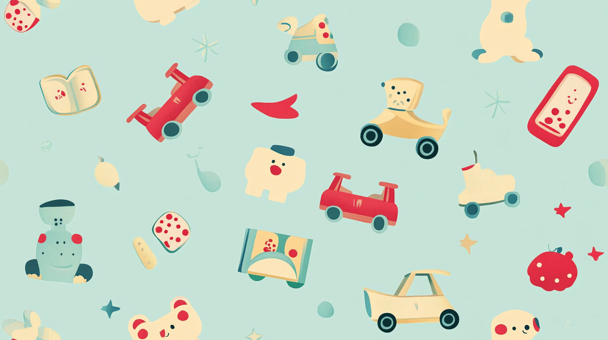 Vintage toys pattern design file showing detailed retro illustrations on mint-blue background