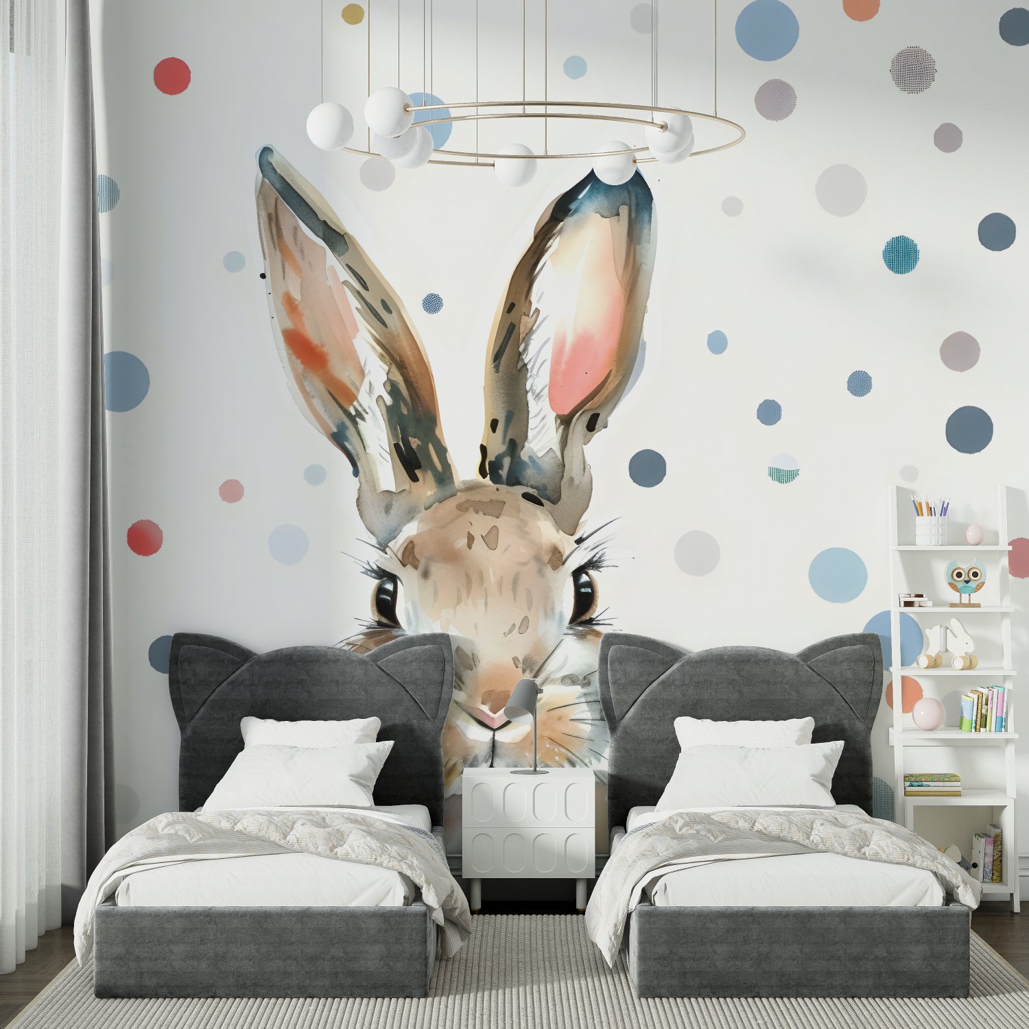 Bunny Wall Mural in modern children's bedroom with reading nook