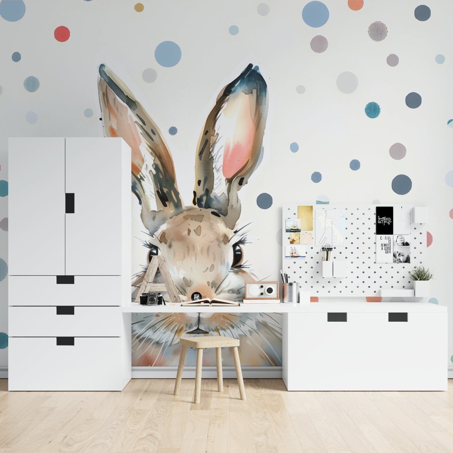 Watercolor Polka Dot Bunny Mural in baby's room with neutral decor