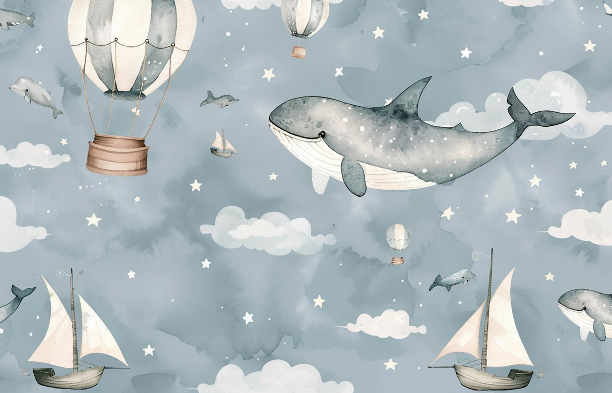 Design file of Kids Adventure wallpaper with whale and hot air balloons pattern