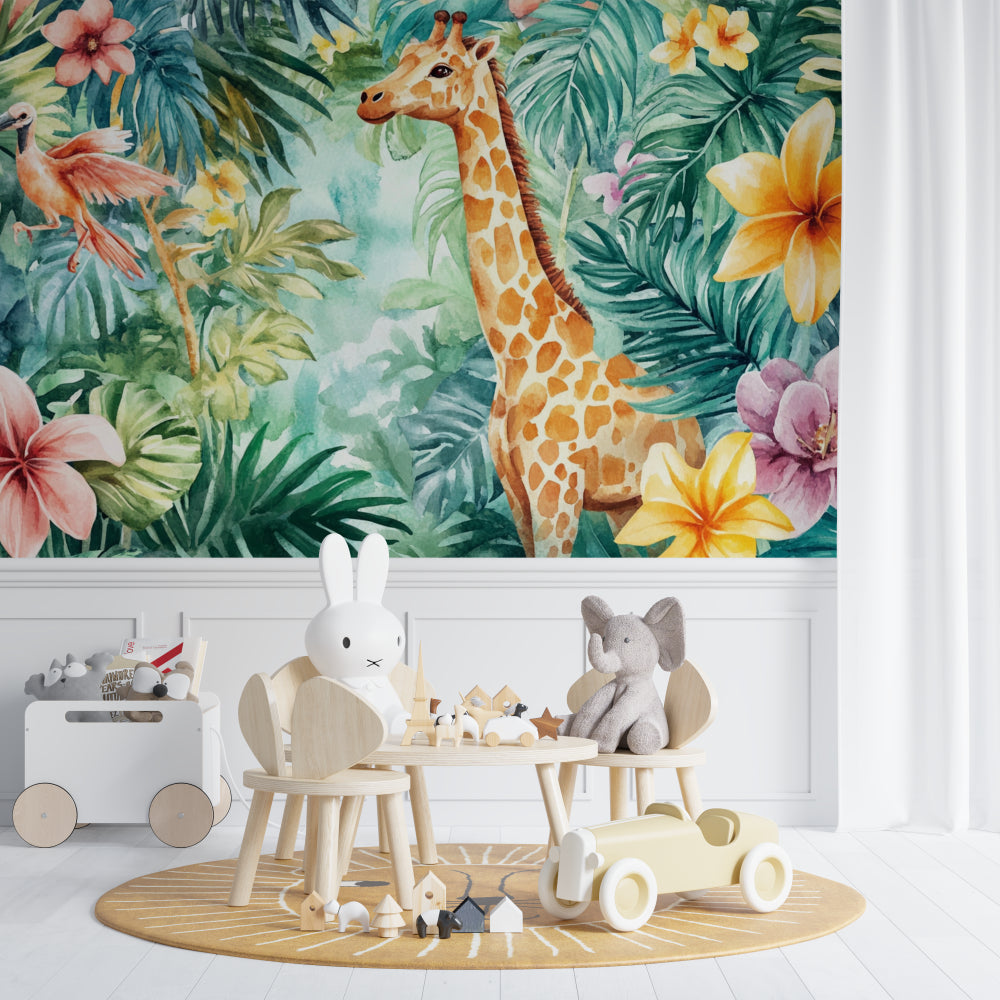 Safari animals wallpaper in bright nursery with white furniture showing giraffe on bicycle