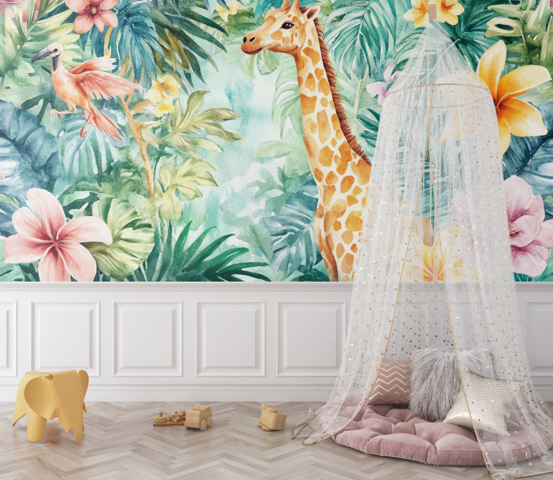 Kids playroom with safari animal wallpaper featuring hot air balloons and playful characters