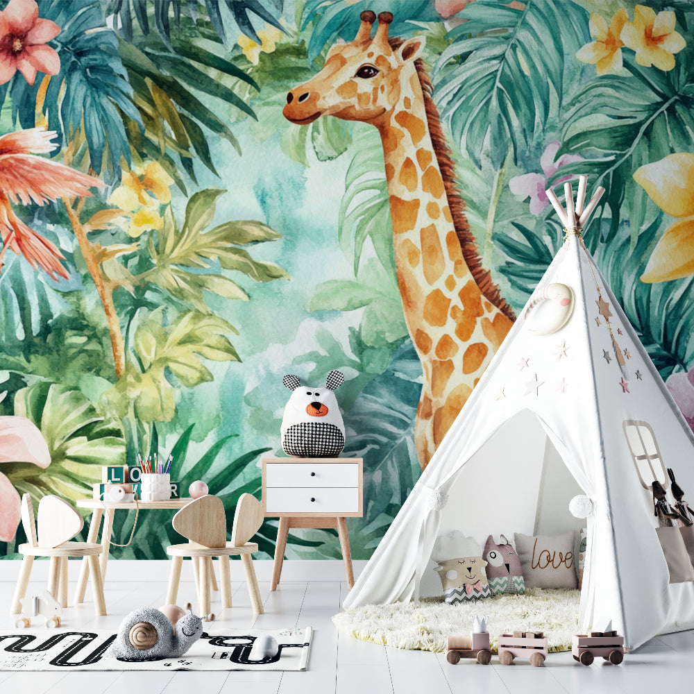Reading corner with safari animals wallpaper showing happy animals riding bikes