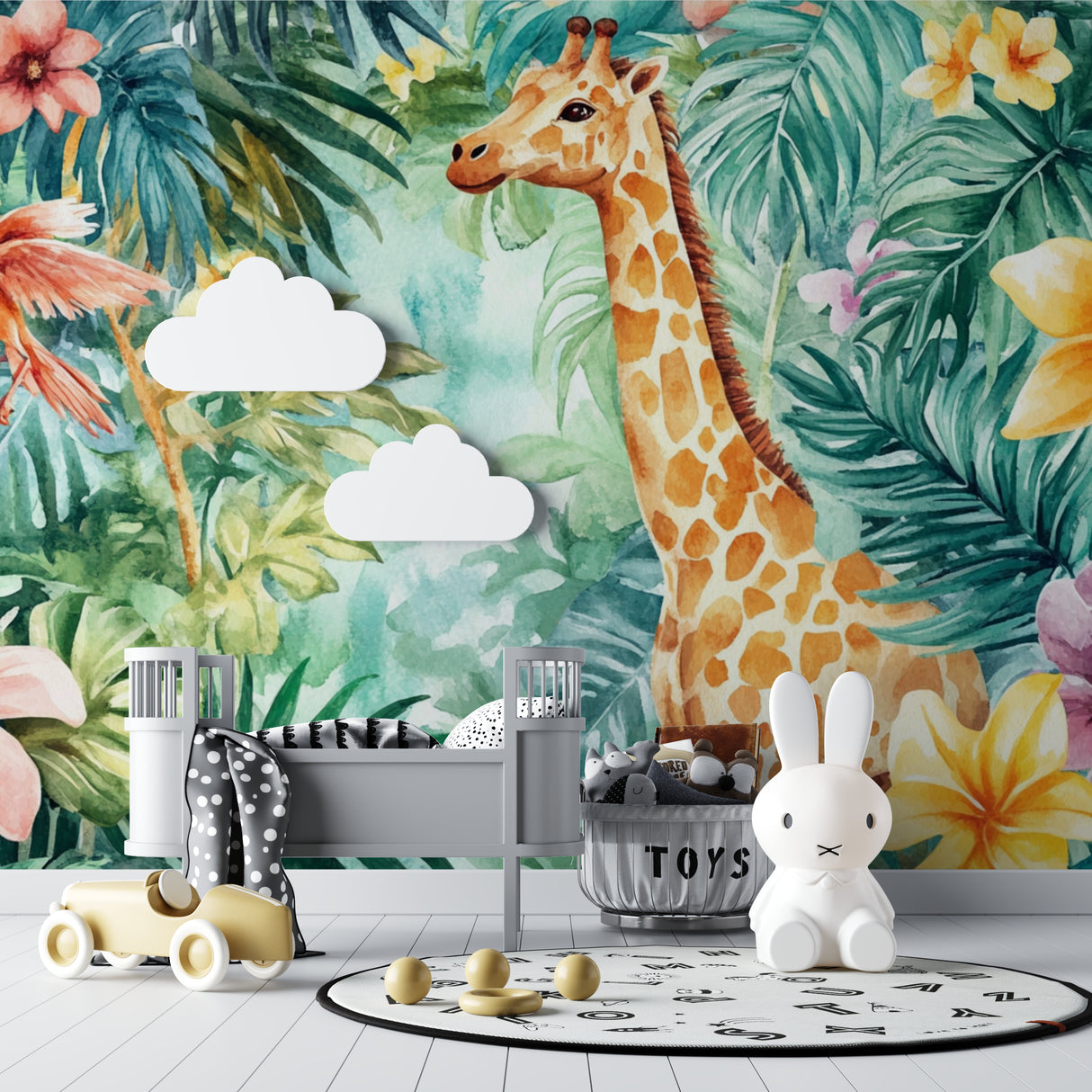 Daycare room decorated with playful safari animals wallpaper and colorful furniture