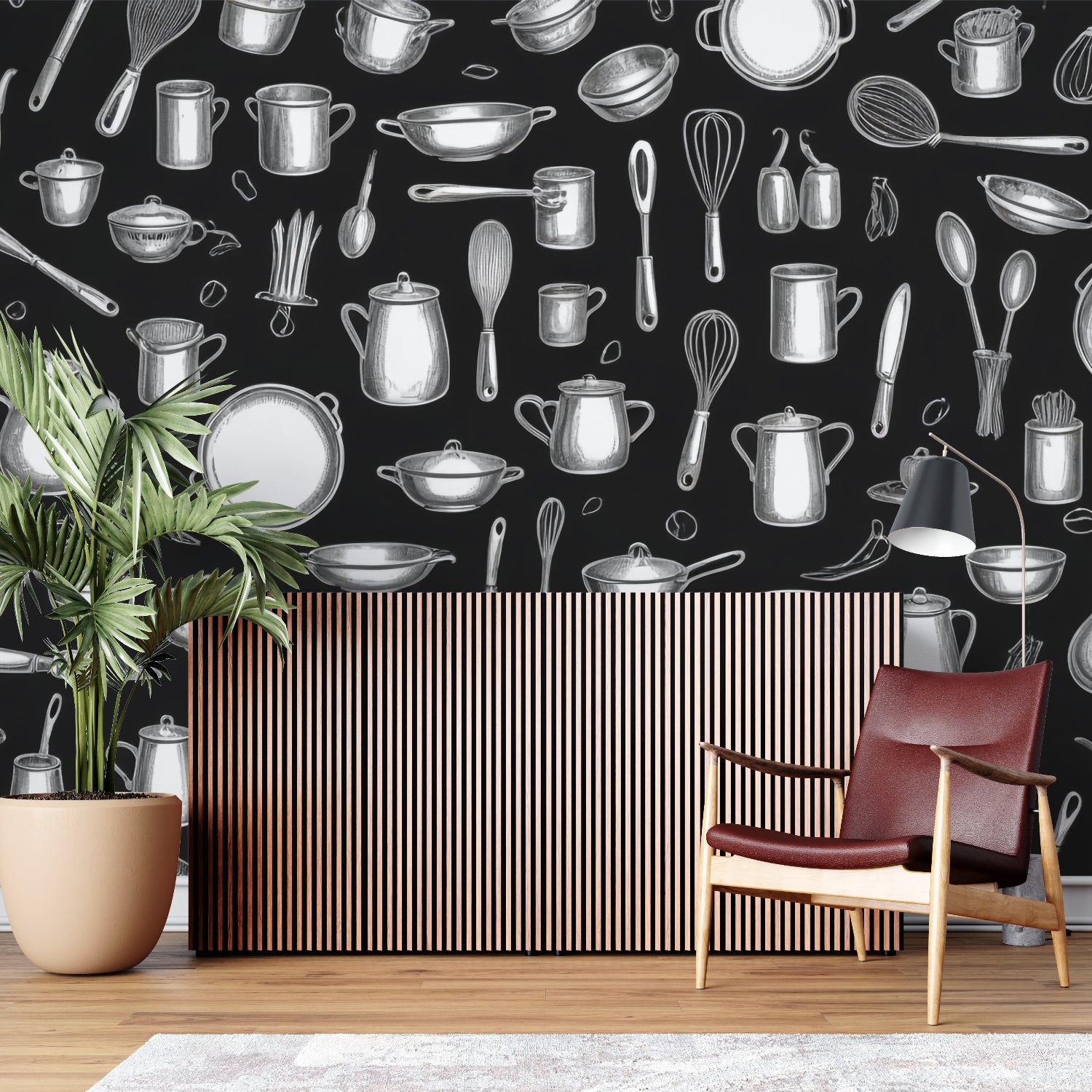 Kitchen wall mural with utensils design shown in professional cooking school