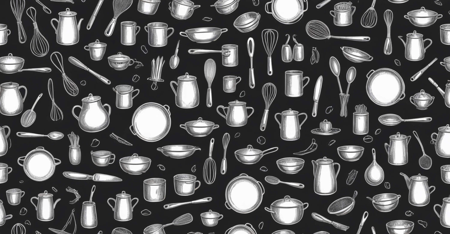 Kitchen utensils pattern design file showing detailed black and white illustrations
