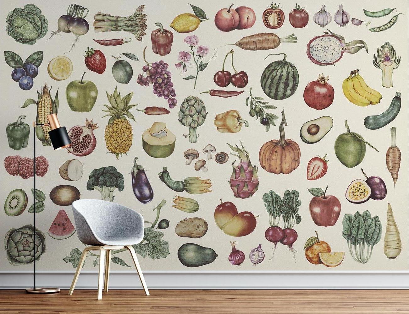 Vintage botanical wallpaper in a farmhouse dining area showcasing detailed fruits and vegetables artwork