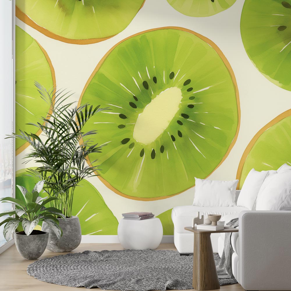 Kiwi fruit wallpaper creating a fresh green accent wall in a modern white kitchen with stainless steel appliances