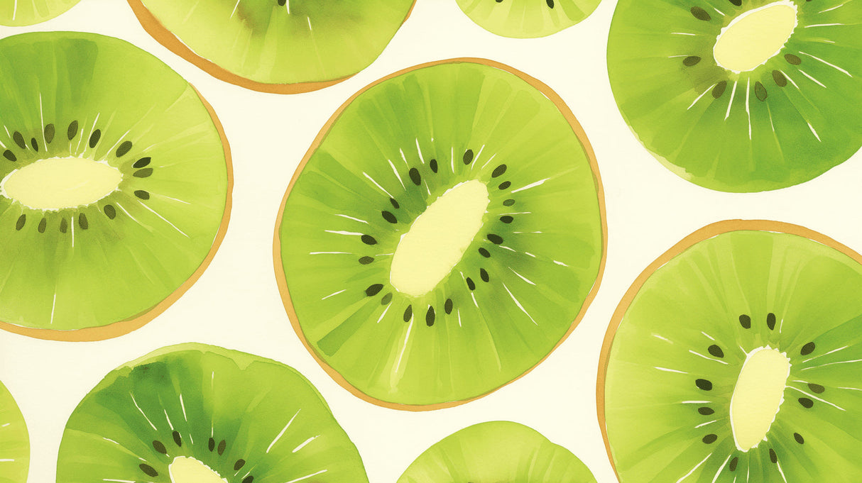 Fresh green kiwi fruit pattern design file showing detailed slices and seeds on white background