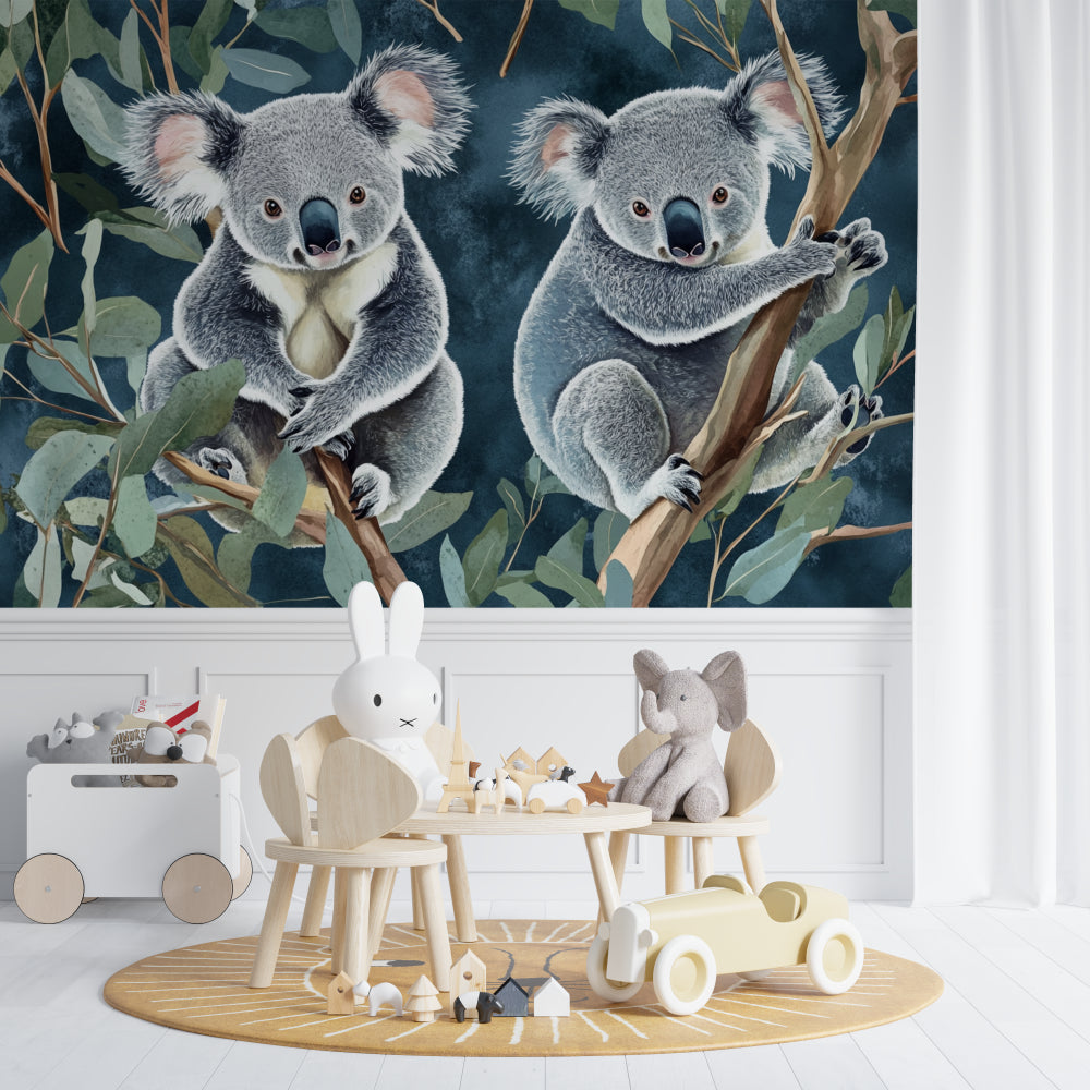Koala wallpaper mural bringing Australian charm to a modern nursery with soft teal and eucalyptus accents