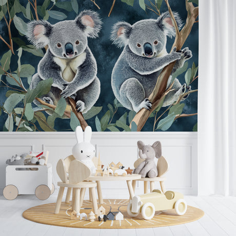 Koala wallpaper mural bringing Australian charm to a modern nursery with soft teal and eucalyptus accents